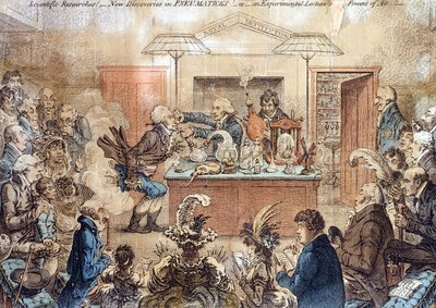 Investigaciones científicas! Nuevos descubrimientos en PNEUMÁTICA! o Una conferencia experimental sobre los poderes del aire, caricatura de una conferencia en la Royal Institution demostrando los efectos del gas de la risa (nitro) de James Gillray
